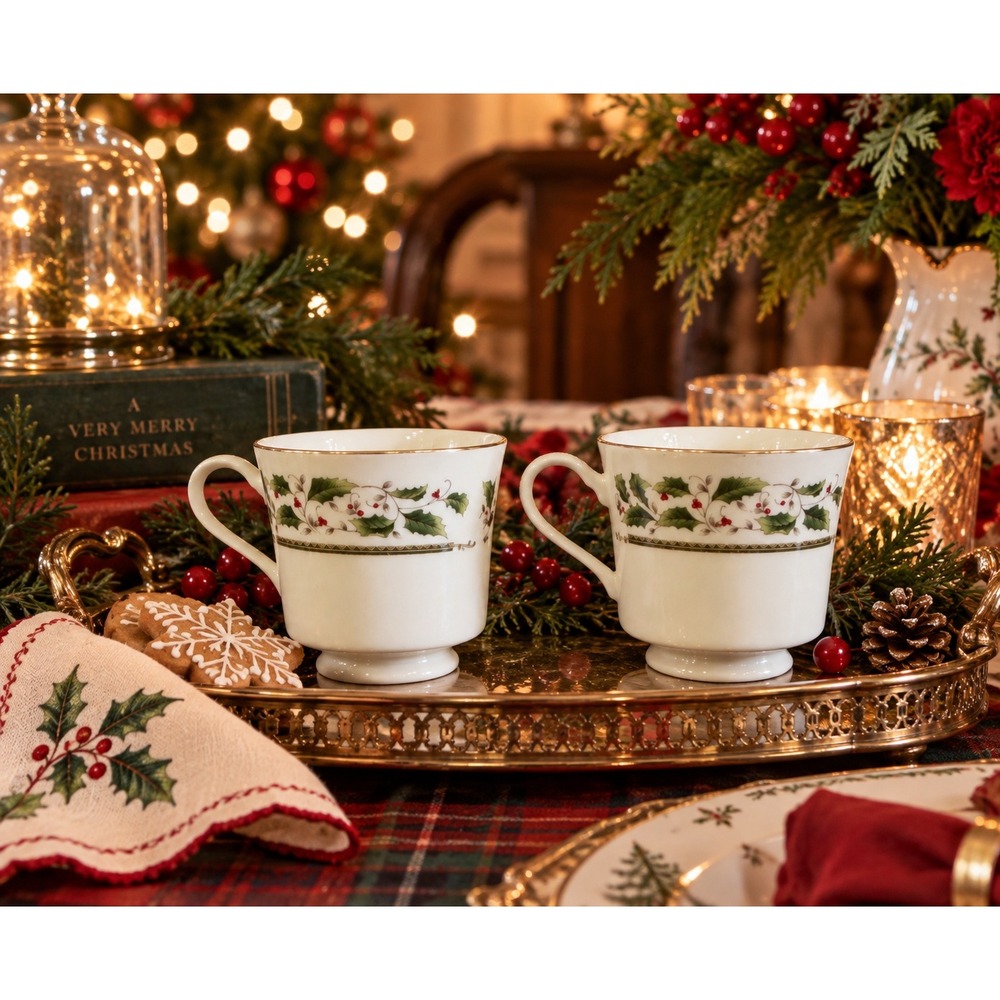 Vtg 1980 Royal Limited Holly Holiday Footed Cups Set 2 Fine China 24K Gold Trim